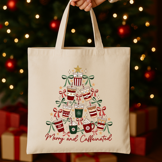 Merry And Caffeinated - Natural Short Handle Tote Bag